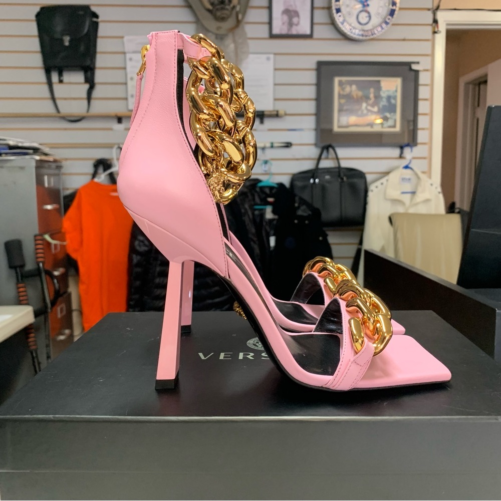 Versace Pink Leather Medusa Gold Chain Sandals Heels